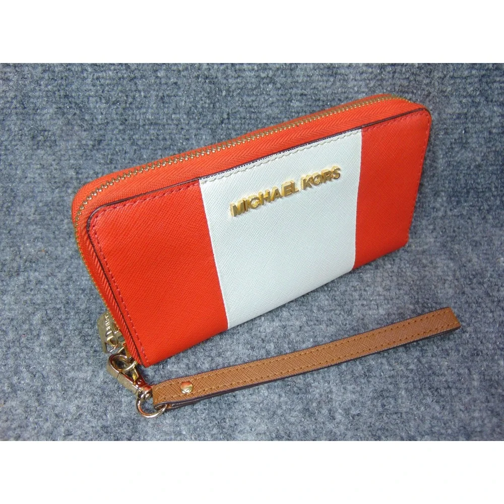 Michael Kors Orange White Stripe Zip Around Wristlet Wallet Clutch Gold Hardware - Picture 1 of 15